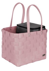 Woven pink synthetic tote bag with two handles, featuring a black insulated insert. Notable for its rectangular shape and textured surface.