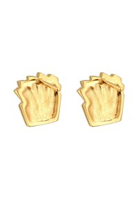 Boucles d'oreilles en ton d'or avec une forme géométrique présentant des surfaces texturées, des bords accentués et une fermeture à tige sécurisée.