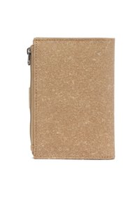 Brown textured wallet with a zip closure, featuring a minimalistic design and rectangular shape, made from durable material.