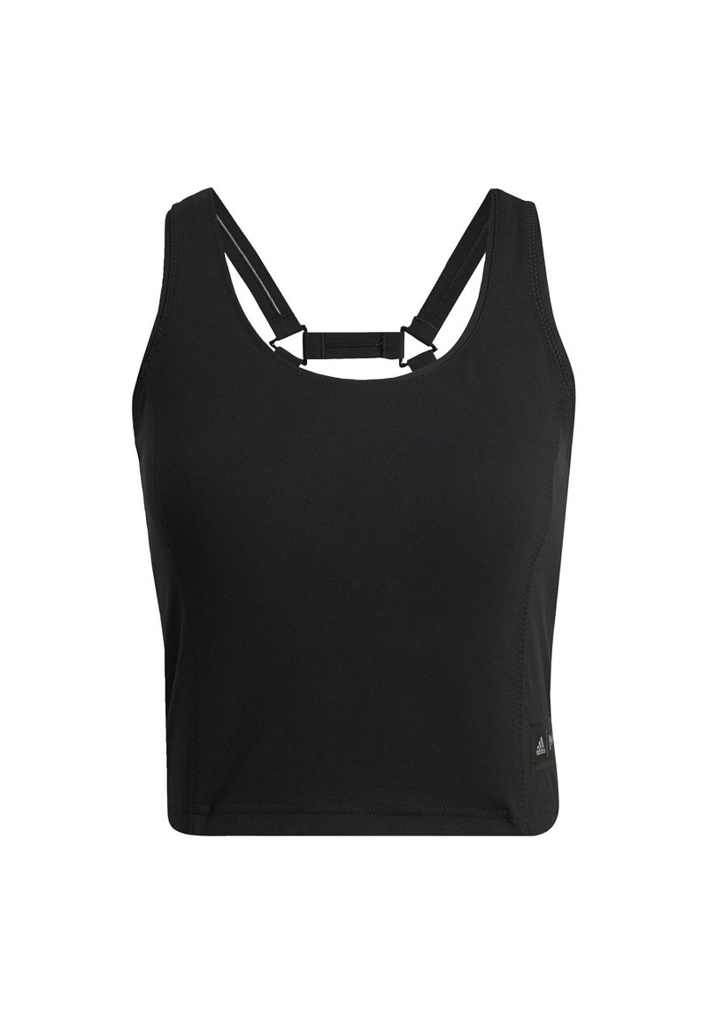 Schwarzes, sportliches Crop-Top mit verstellbaren Trägern und einem Hakenverschluss auf der Rückseite. Glatte Textur und taillierte Passform für Unterstützung während der Aktivität.