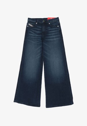 Jeans a gamba larga blu scuro realizzati in denim, con un classico design a cinque tasche e chiusura a bottone. Texture liscia con leggera sbiaditura.