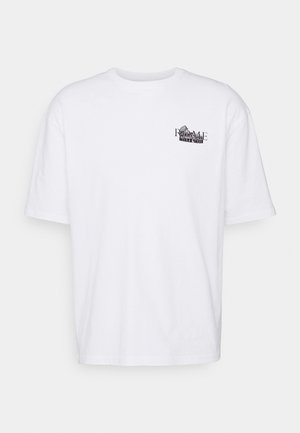 Weißes Kurzarm-T-Shirt mit kleinem schwarzen Aufdruck des Kolosseums und dem Schriftzug „ROME“ auf der linken Brustseite.