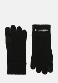 Svarta stickade handskar med fem fingrar, med ribbad mudd och broderad "ALLSAINTS"-logotyp på handleden. Mjuk textur.