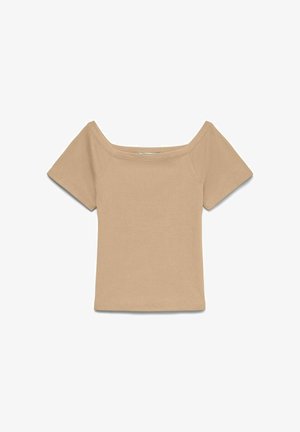 Beige short-sleeve ribbed top with a wide, square neckline and a fitted silhouette.