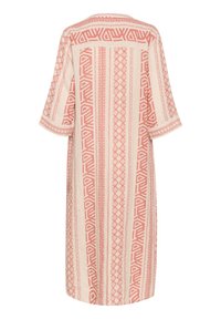 Rochie lejeră dintr-un material bej deschis, cu modele geometrice corai. Are mâneci scurte și o lățime dreaptă, oferind o siluetă relaxată.