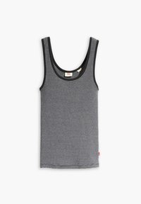 Gray cotton tank top with black trim, featuring a scoop neckline and horizontal stripes, with a small red label at the side hem.