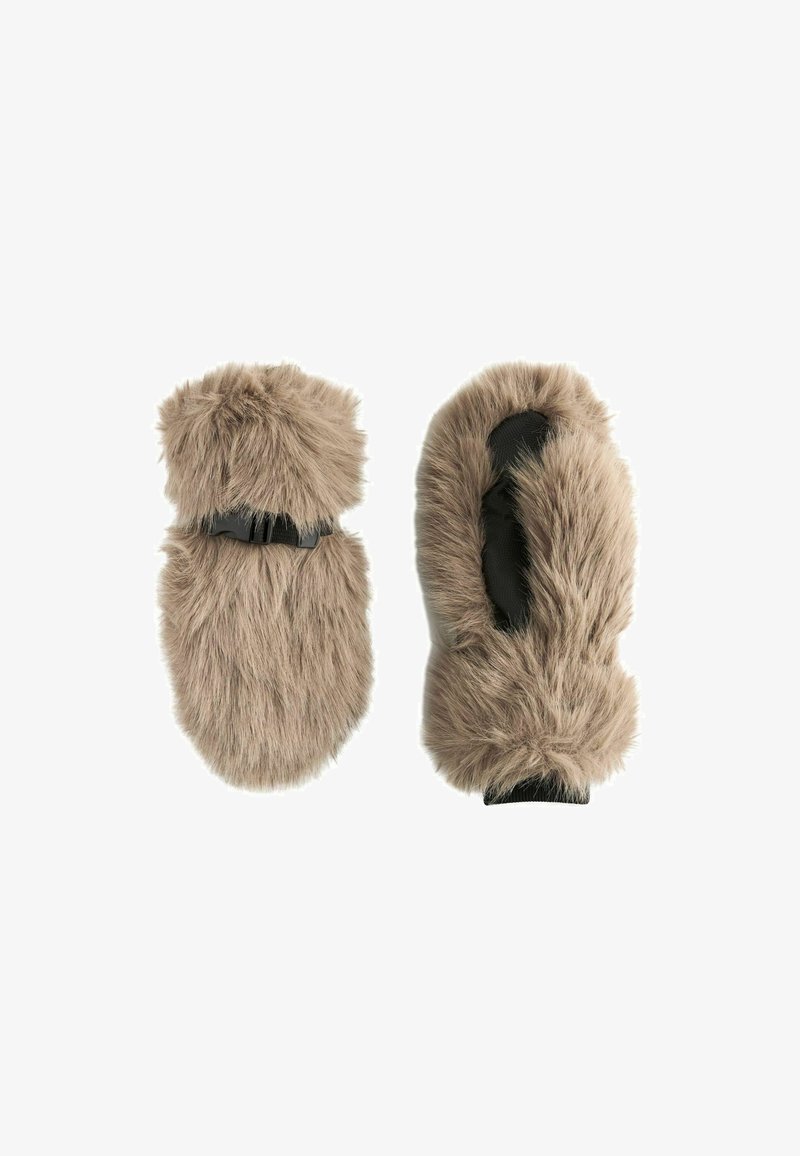 Faux fur vanter i en lys brun farve med en blød tekstur, der har et sort stofbånd for et sikkert fit. Rund form designet til hænder.