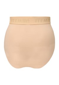 Shapewear beige a vita alta con un design senza cuciture, texture morbida e una cintura elastica con lettering del marchio in rilievo.