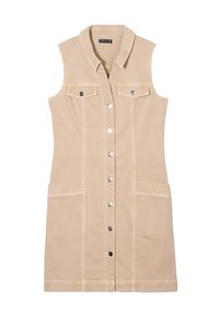 Abito senza maniche beige con collo, apertura frontale con bottoni, due tasche sul petto e due tasche laterali; realizzato in un tessuto morbido con cuciture visibili.