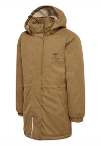 Hnědá zateplená bunda s kapucí, vybavená měkkou vnitřní podšívkou, druky a bočními kapsami, navržená pro teplo a pohodlí.