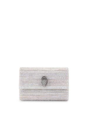 Borsetta a busta impreziosita da cristalli in materiale iridescente. Design rettangolare con accessori in argento e motivo a mano nella chiusura.