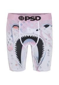 Boxer homme avec une ceinture rose, logo PSD noir et un grand design stylisé de bouche et dents de requin sur tissu blanc et rose clair.