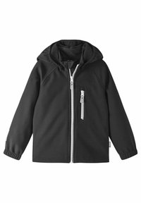 Black hooded jacket made of soft material, featuring a dual zipper, side pockets, and elastic cuffs for a snug fit.