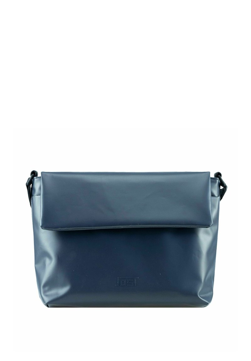 Borsa a tracolla blu navy realizzata in materiale liscio e resistente, con chiusura a pattina, dotata di un logo del marchio impresso in modo discreto sul fronte.
