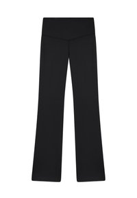 Czarne spódnie dzwony wykonane z elastycznego, gładkiego materiału. Posiadają szeroki, elastyczny pas i prosty, minimalistyczny design.