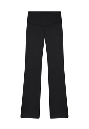 Pantaloni a zampa d'elefante neri realizzati in un tessuto elastico e liscio. Presentano una vita alta elastica e un design pulito e minimalista.