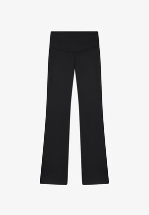 Pantaloni a zampa d'elefante neri realizzati in un tessuto elastico e liscio. Presentano una vita alta elastica e un design pulito e minimalista.