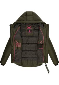 Olive green puffer jacket, zippered, with a hood. Interior features pink accents and multiple pockets. Brand labels visible inside.