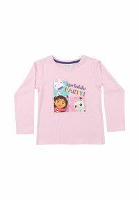 T-shirt a maniche lunghe rosa in cotone con una grafica che ritrae una ragazza e un gatto, il testo "sprinkle PARTY!" e dettagli colorati.