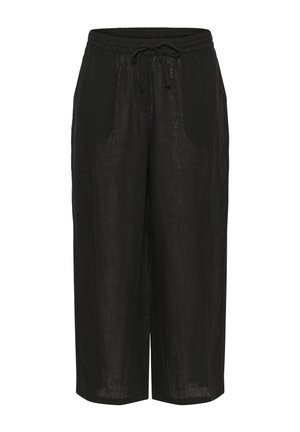 Culottes en lin noir avec une taille élastique, un cordon de serrage et des poches latérales ; coupe ample ; tissu texturé avec un éclat naturel.