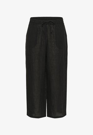 Schwarze Leinen-Culottes mit elastischem Bund, Kordelzug und Seitentaschen; lockere Passform; strukturierter Stoff mit natürlichem Glanz.
