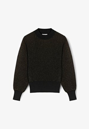 Zwarte gebreide trui met metalen verticale strepen, geribbelde boorden, zoom en ronde hals, en licht opgeblazen lange mouwen.