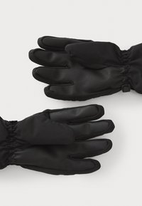 Gants noirs en cuir lisse et tissu doux, avec des poignet élastiques et des compartiments séparés pour les doigts afin d'offrir de la dextérité.