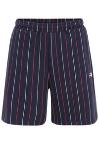 Pantaloni corti navy con righe verticali rosse e bianche. Vita elastica, vestibilità casual, tessuto morbido e dettaglio del logo sul lato inferiore.