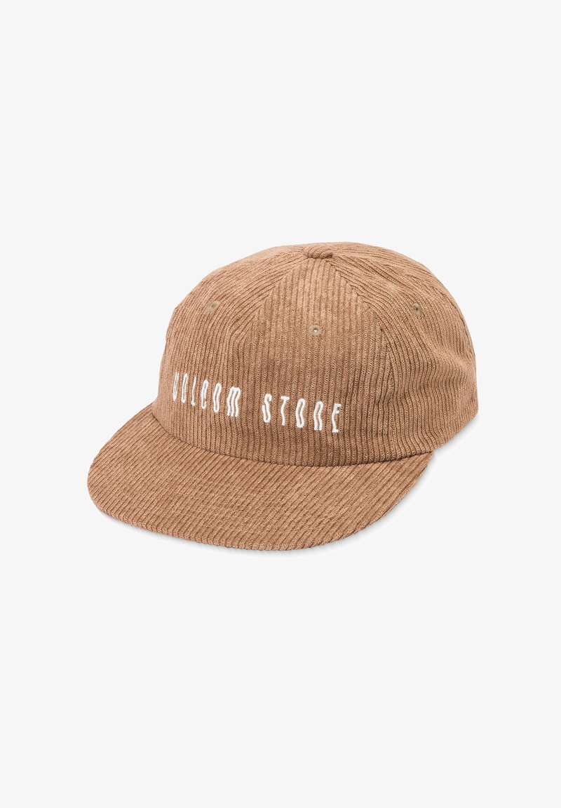 Braune Corduroy-Cap mit gebogenem Schirm und erhabenem weißen "VOLCOM STORE"-Text auf der Vorderseite; Sechseck-Design mit Belüftungsösen.