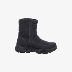 Black mid-calf insulated boot with side zipper, padded upper, reinforced sole, and thick tread for outdoor or winter use.