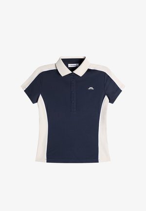 Marineblauw en beige poloshirt met korte mouwen, knoopsluiting, contrasterende zijpanelen en een klein wit logo op de borst.