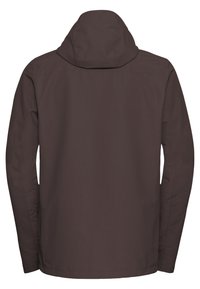 Donkerbruine, lichtgewicht jas met een capuchon, met een gladde textuur en een minimalistisch ontwerp. Geen zichtbare zakken of hardwaredetails.
