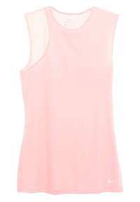 Camiseta sin mangas Nike Dri-FIT de color rosa claro con un panel de malla texturizada en el hombro izquierdo y un logo blanco en la parte inferior derecha.