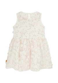 Hellrosa ärmelloses Kleid mit einem ausgestellten Rock, verziert mit Blumenmustern und Pailletten, mit einem Ausschnitt im Rücken und weichem Stoff.