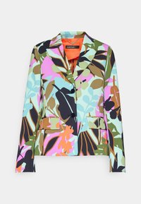 Blazer à simple boutonnage avec revers crantés, deux boutons et imprimé floral vibrant en tons de vert, rose, bleu, orange et noir.