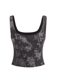 Sort denim cropped top med firkantet halsudskæring, prydet med blomster- og drage-mønstre samt strukturerede plisseringer på livet.