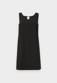 Svart ärmlös klänning med fyrkantig halsringning och rak skärning, tillverkad av mjukt tyg. Har en minimalistisk design och ingen synlig hårdvara.