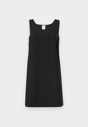 Čierne šaty bez rukávov so štvorcovým výstrihom a rovnými línami, vyrobené z mäkkej tkaniny. Majú minimalistický dizajn a žiadne viditeľné kovania.