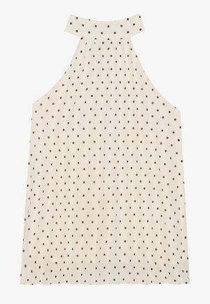 Top à halter sans manches en crème avec des pois marron, présentant un col haut et un tissu plissé pour une texture supplémentaire.