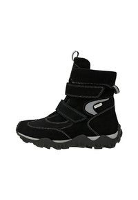 Schwarze Wildleder-Ankle Boots mit Klettverschlüssen, grauen Akzenten und einer strukturierten Gummisohle. Verfügt über einen gepolsterten Schaft und Nähte.