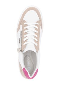 White sneaker with beige suede accents, flat white laces, zip detail on the side, and a pink accent at the heel. Textured sole.