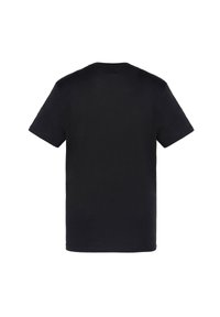 Camiseta negra de manga corta hecha de algodón, con cuello redondo, diseño elegante y sin patrones ni logotipos visibles en la parte posterior.