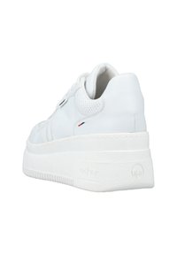 Sneaker bianco con tomaia in pelle liscia, punta rotonda, design low-top, colletto imbottito e suola in gomma testurizzata con dettagli del logo.