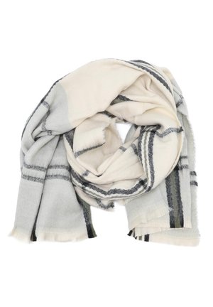 Sciarpa lavorata a maglia in grigio chiaro e crema, con motivo a scacchi e dettagli neri. Texture morbida con bordi sfilacciati.