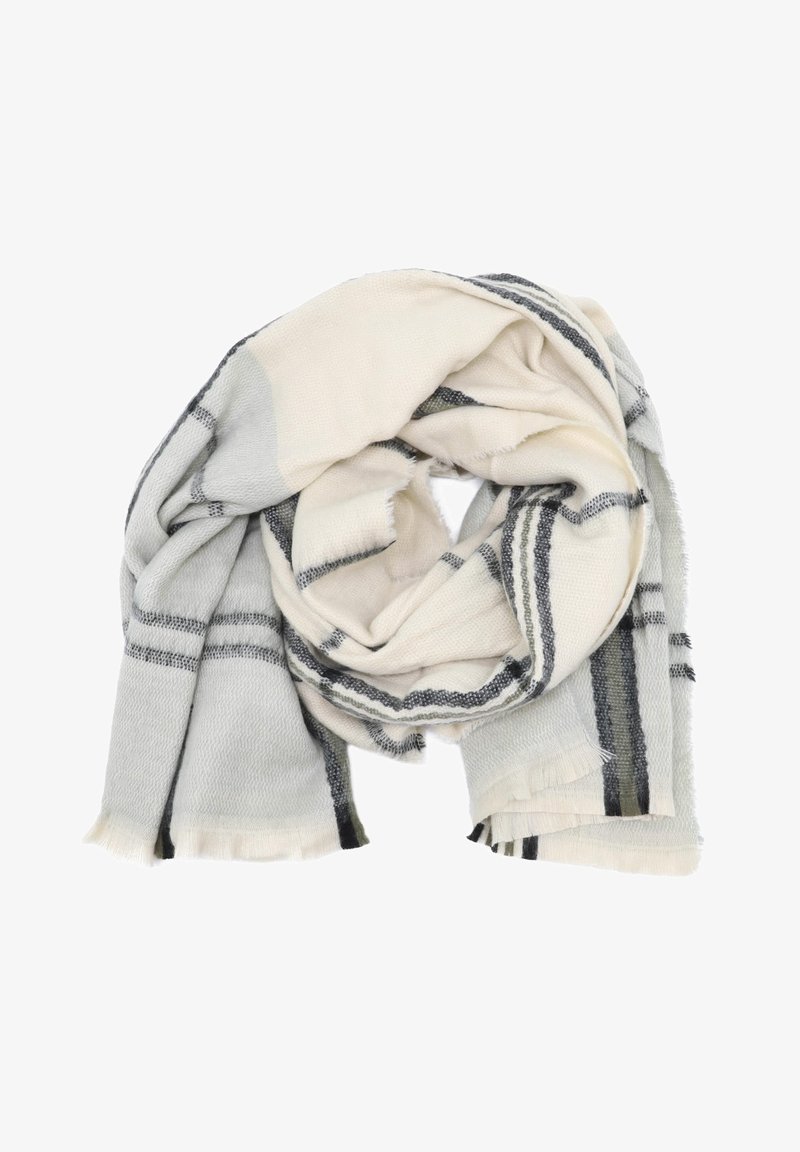 Sciarpa lavorata a maglia in grigio chiaro e crema, con motivo a scacchi e dettagli neri. Texture morbida con bordi sfilacciati.