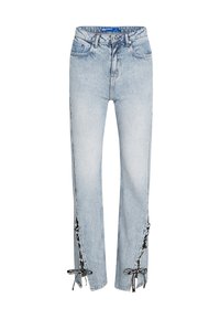 Lichtblauwe denim jeans met een hoge taille, met zijkoordjes aan de zoom en een recht model. Inclusief twee voorzakken.