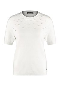 Weißer Kurzarmsstrickpullover mit Perlenverzierungen an der Vorderseite, Rundhalsausschnitt und geripptem Saum. Weicher Stoff, lässiges Design.