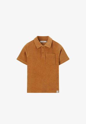 Bruine korte mouwen polo met kraag, twee knopen, borstzak en klein wit label bij de zoom.