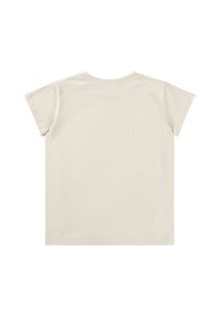 Maglietta beige a maniche corte in cotone. Design semplice con collo rotondo e orlo dritto, con bordi puliti e senza decorazioni.