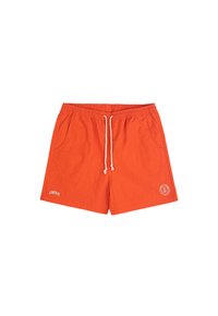 Orangen Badehosen mit elastischem Bund und weißem Kordelzug. Verfügt über zwei Seitentaschen und ein rundes Logo am linken Bein.